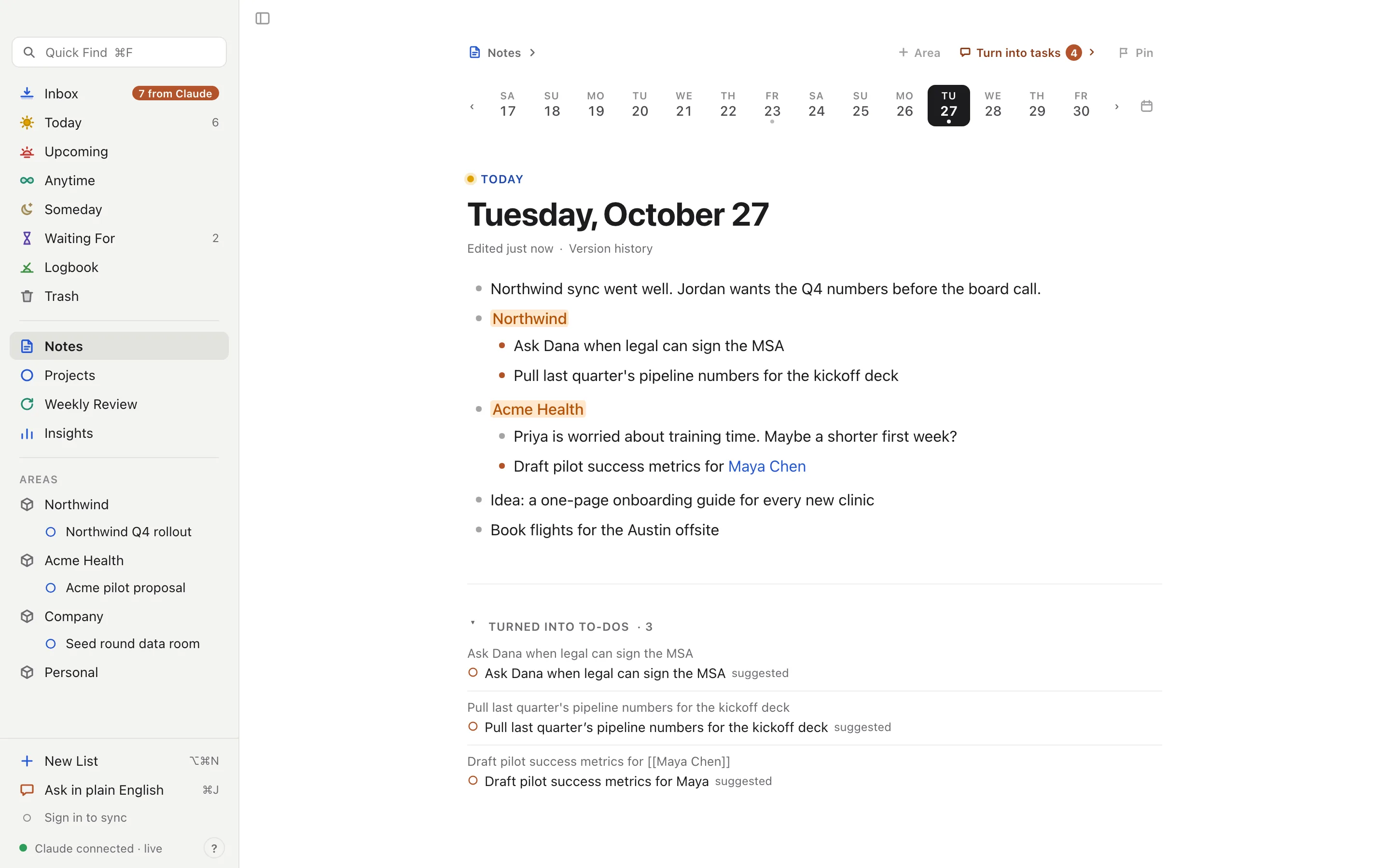 Today’s note in Loop on Mac: notes from a Northwind call, with lines under Northwind and Acme Health. Three lines are marked as turned into to-dos.