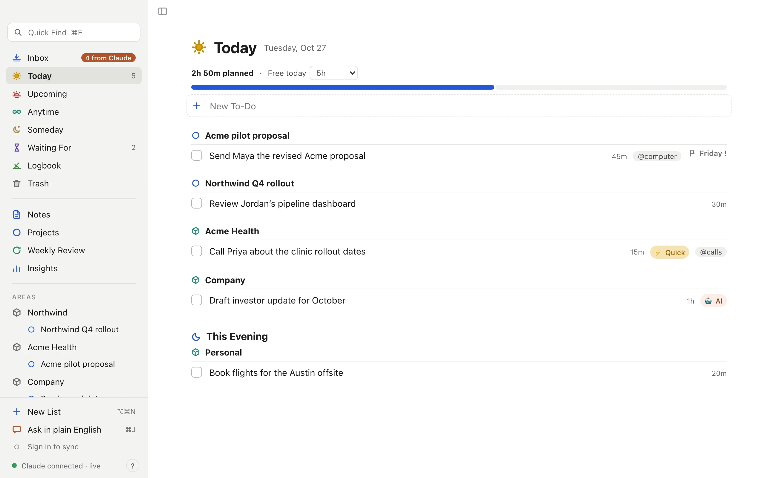 Loop on Mac: Today, with 2h 50m planned out of 5 free hours and to-dos grouped by project.
