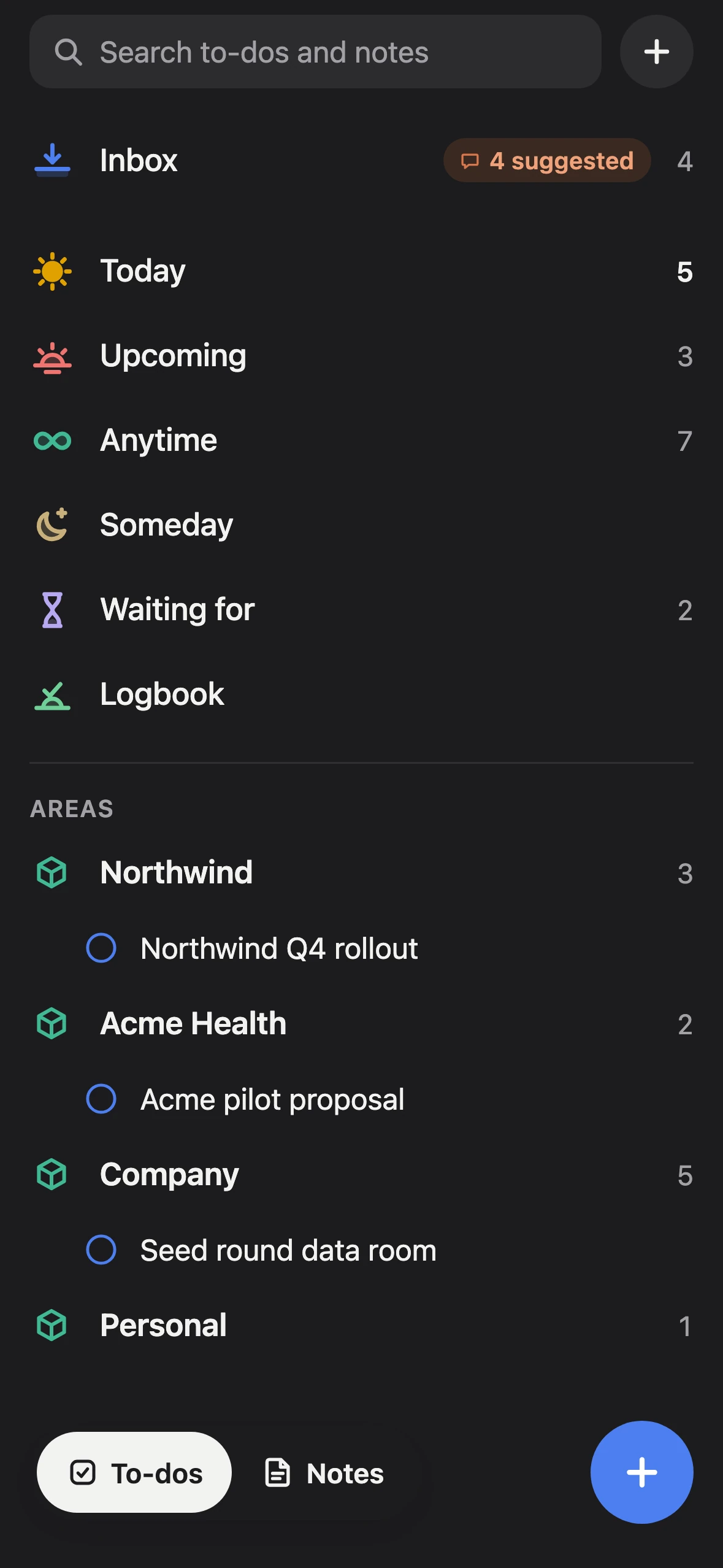 Loop on iPhone: lists and areas, with 4 suggested in the Inbox.