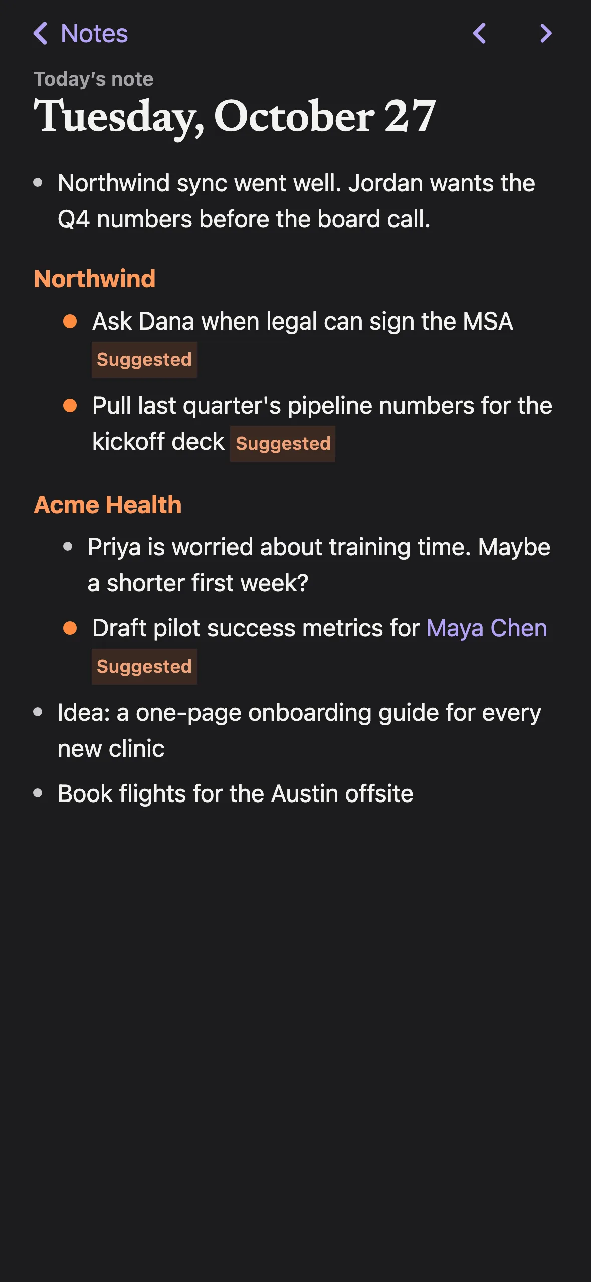 The same note on iPhone, with Suggested tags on the lines that became to-dos.