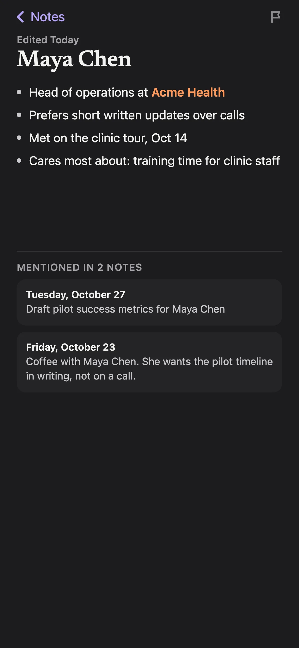 A page for Maya Chen on iPhone, mentioned in two notes.